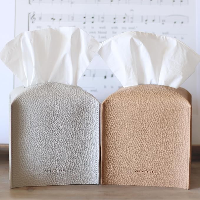 Tissue Box Cover Holder, Square with Bottom Belt by Carrot's Den - PU Leather Decorative Organizer for Tabletop, Bathroom, Car, Office | Pastel Gray