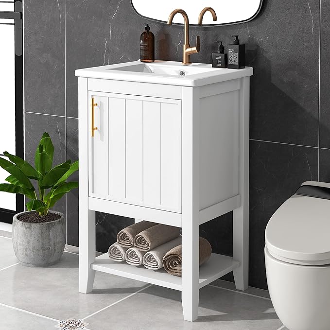 Bellemave 20" Small Bathroom Vanity with Sink, Modern Bathroom Storage Cabinet with Door and Storage Rack, Free Standing Single Basin Vanity with Open Shelf, Undermount Ceramic Sink, White