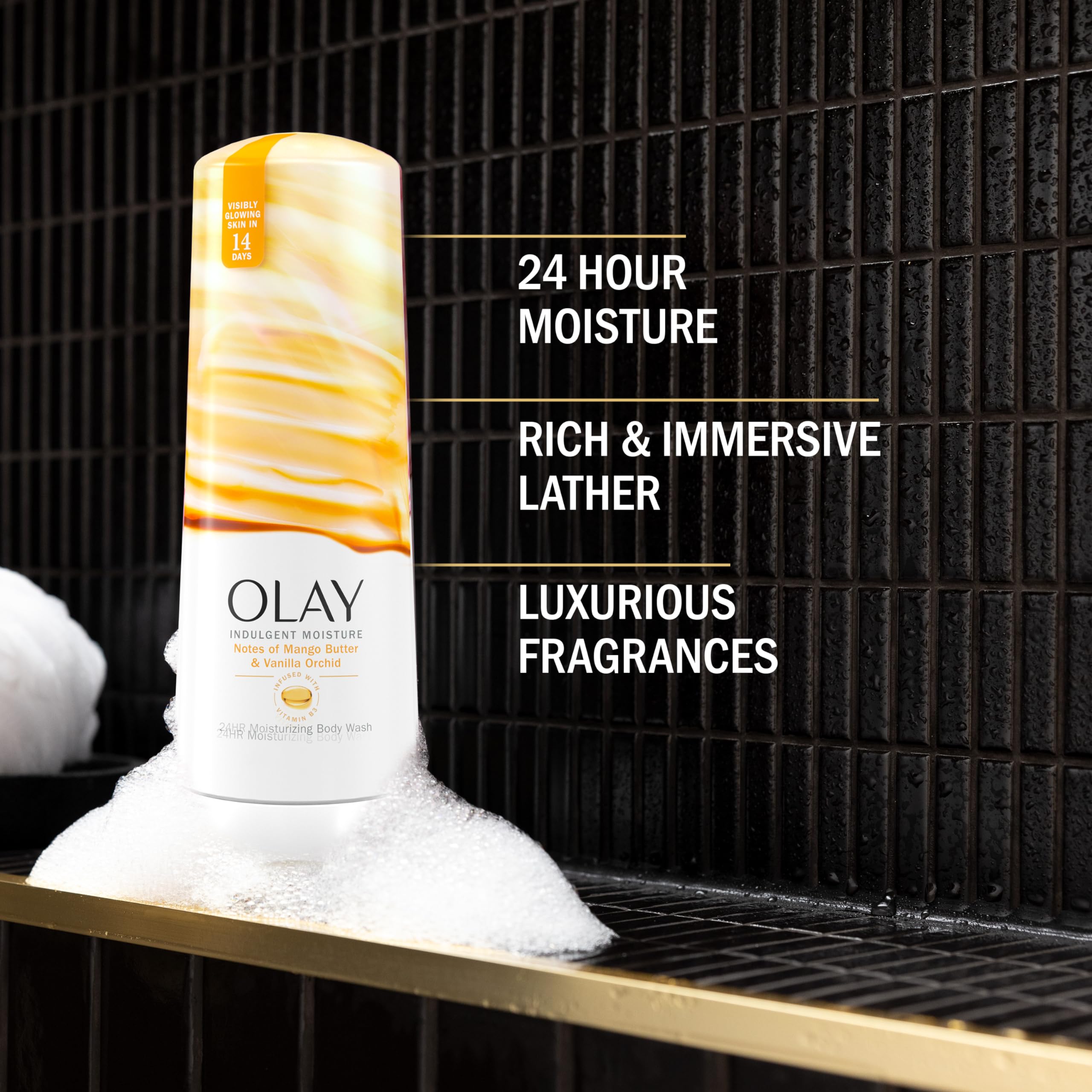 Olay Body Wash for Women, Indulgent Moisture, 24hr Moisturizing & Nourishing Formula, Infused with Vitamin B3 Complex, Luxurious Fragrances, Mango Butter & Vanilla Orchid Scent, 20 fl oz