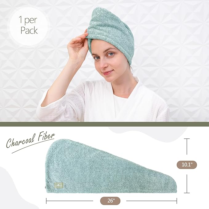 myHomeBody Hair Towel Wrap, Quick Drying Turban, Absorbent Cap – Green