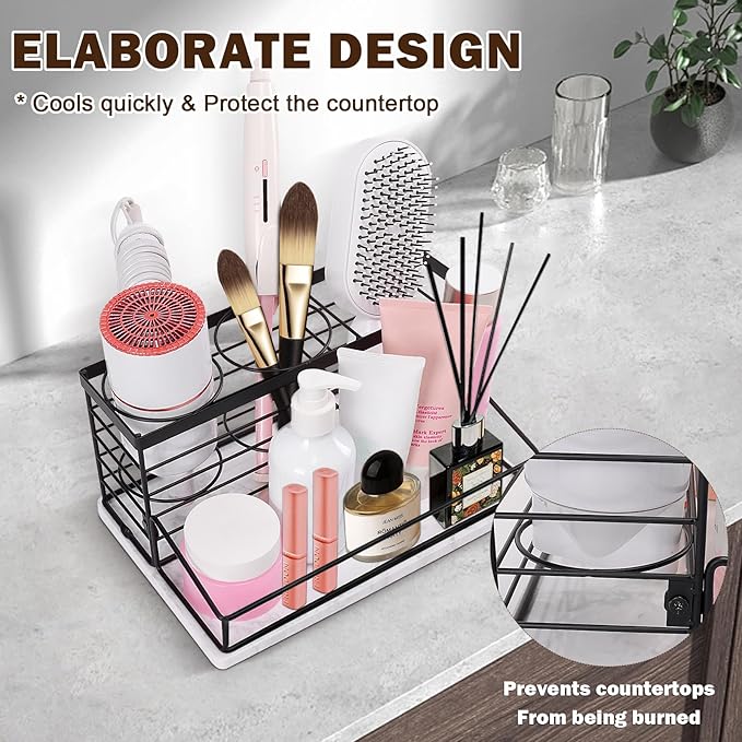 Siyzda Hair Tool Organizer, Movable Hair Dryer Holder, Hair Styling Tools Storage for Vanity, Bath Counter Organizer, Bathroom Trays for Hair Toiletry, Makeup (12" x 7.7" x 5.8", Marble-Black)