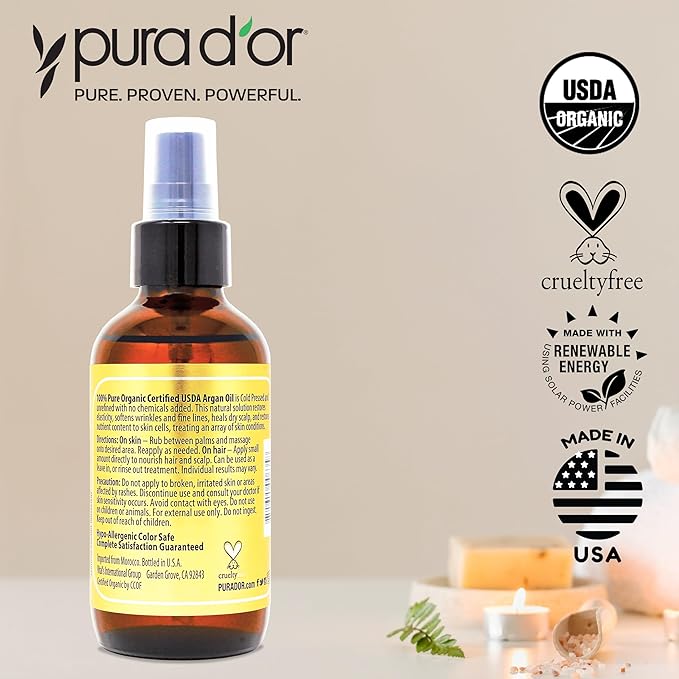 PURA D'OR USDA Organic Moroccan Argan Oil–100% Pure Cold-Pressed Virgin Grade–Treatment for Hair, Skin, Face, Body– Helps Dry Skin, Scalp Care, Split Ends, Nails & Cuticles 4 Oz - Hair Regrowth Tonic