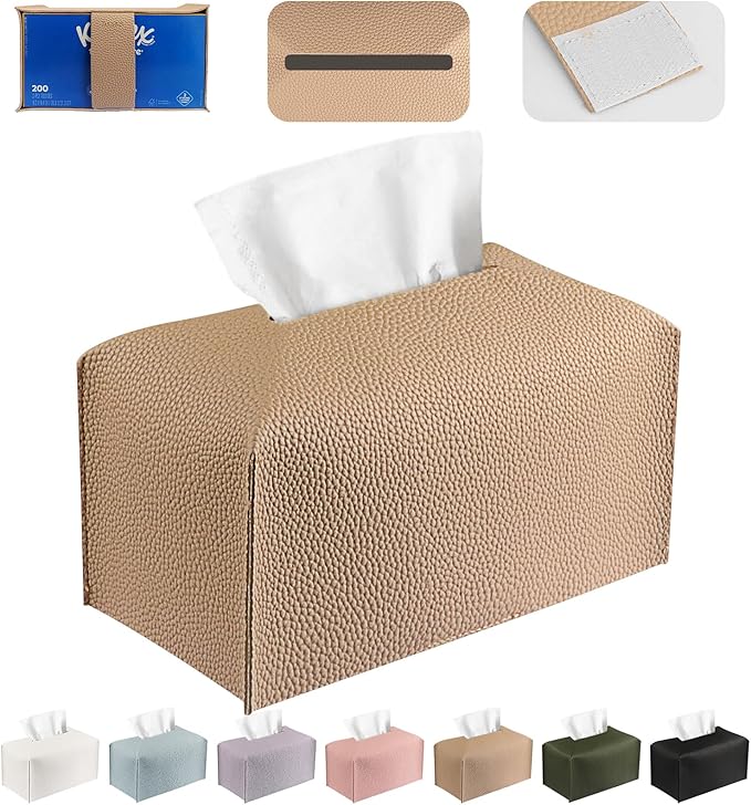 PARIERIS Tissue Box Cover PU Leather Tissue Holder Rectangle Facial Tissue Case Tissue Box Organizer Dispenser for Bathroom, Kitchen, Home, Office, Tabletop (SoftBeige, Short)