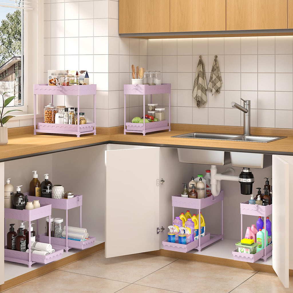 Sevenblue 3 Pack Under Sink Organizers, 2-Tier Multi-Use Kitchen and Bathroom Organizers and Storage with Sliding Drawers, Bathroom Cabinet Organizer (Pink, 14.8 Inch)