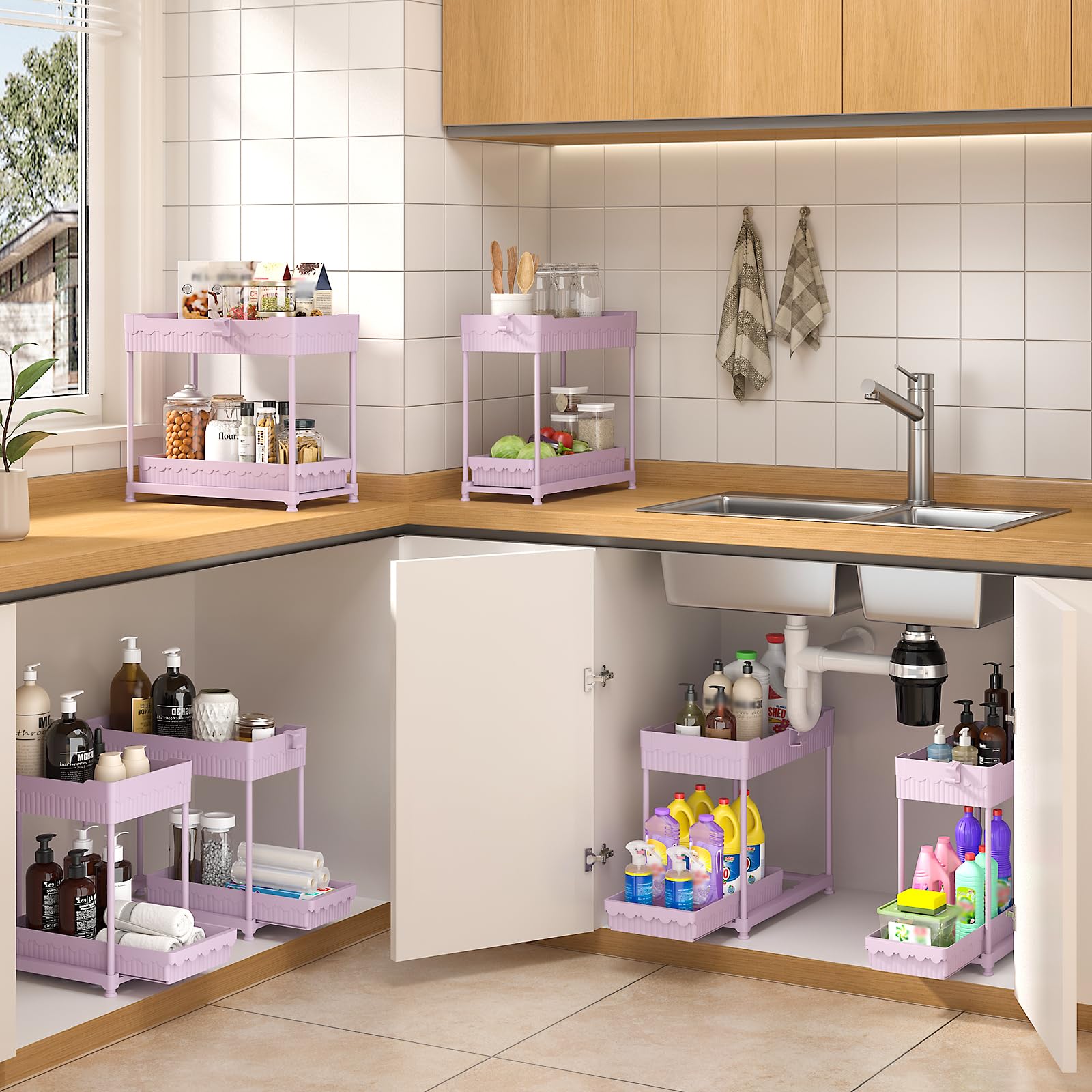 Sevenblue 3 Pack Under Sink Organizers, 2-Tier Multi-Use Kitchen and Bathroom Organizers and Storage with Sliding Drawers, Bathroom Cabinet Organizer (Pink, 14.8 Inch)