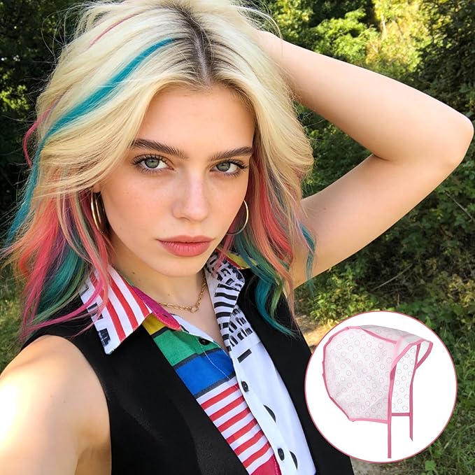 12 Pcs Highlighting Caps with Hooks, 4 Sets of Pink Hair Coloring Frosting Dye Kits with 3 Metal Hook and 2 Hair Dye Brush for Salon Hair Dyeing Hairdressing and DIY Dyeing Hair, Pink Highlight Cap