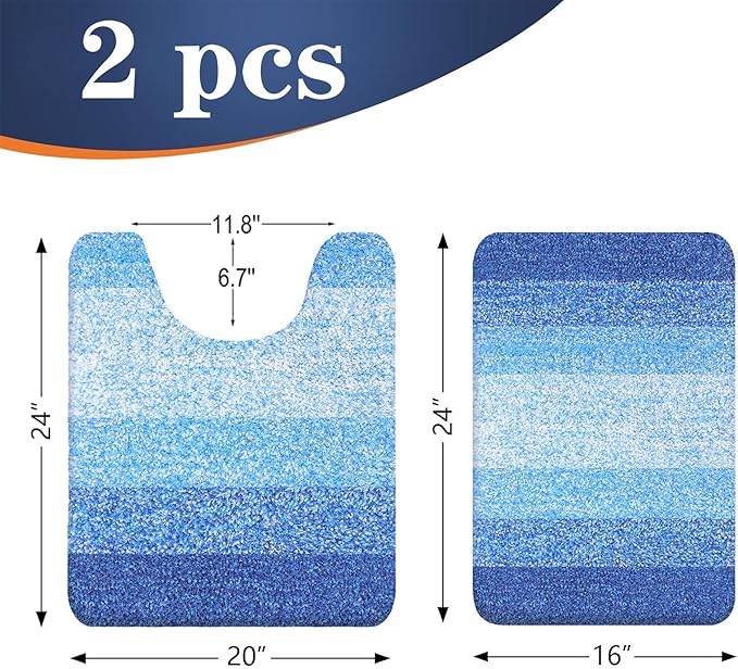 OLANLY Bathroom Rug Set 2 Piece, Soft Absorbent Microfiber Bath Mats and U-Shaped Contour Toilet Rug, Non-Slip, Machine Wash Dry, Shaggy Bath Mats for Bathroom (24"x16"+24"x20", Light Royal Blue)