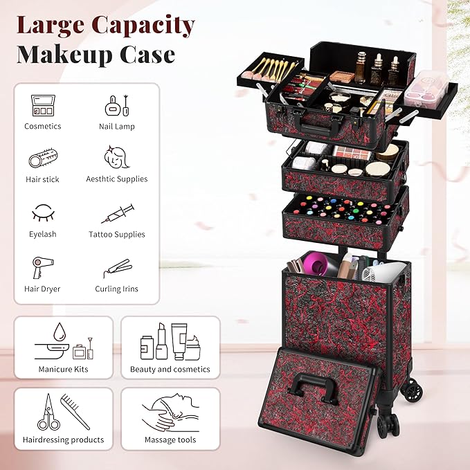 JINGUAN Professional Rolling Makeup Train Case with Lid, 5 in 1 Cosmetology Case on Wheels, Large Cosmetic Trolley Organizer Travel for Hairstylist Artist Nail Beauty Salon Barber, Red