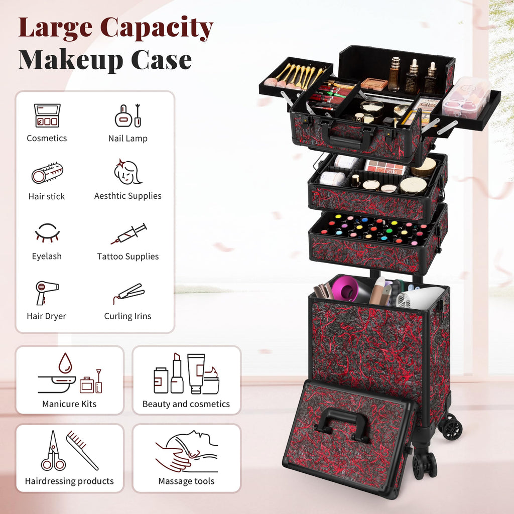 JINGUAN Professional Rolling Makeup Train Case with Lid, 5 in 1 Cosmetology Case on Wheels, Large Cosmetic Trolley Organizer Travel for Hairstylist Artist Nail Beauty Salon Barber, Red