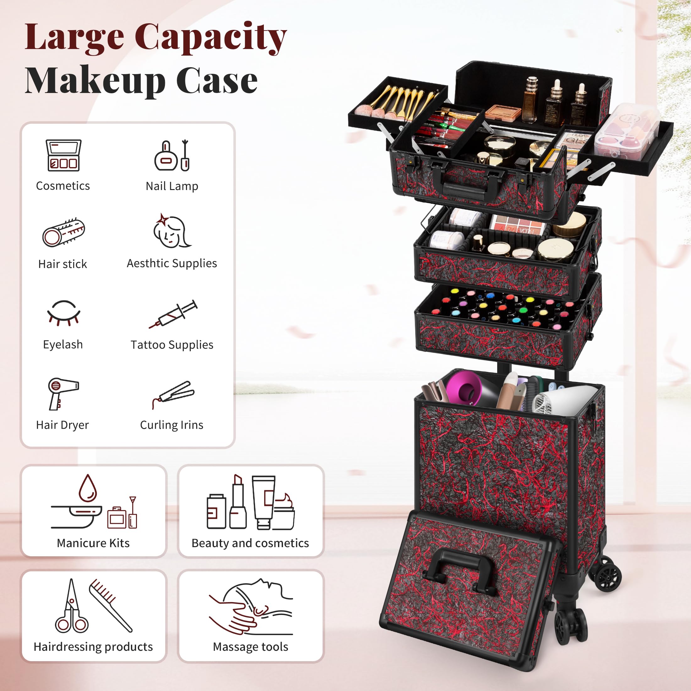 JINGUAN Professional Rolling Makeup Train Case with Lid, 5 in 1 Cosmetology Case on Wheels, Large Cosmetic Trolley Organizer Travel for Hairstylist Artist Nail Beauty Salon Barber, Red