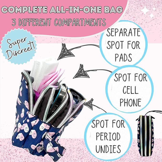 Mark and Lola's First Period Pal Pack to-Go Kit | 24 pcs | First Period Kit for Tweens | Teen Period Kit| Discrete Period Bag, Pads, Panty Liners, Period Kits for Tweens 10-12 (Hearts)