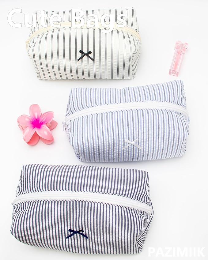 PAZIMIIK Cozy Makeup Bag for Women,Zipper Cosmetic Pouch,Stripe Blue Mix