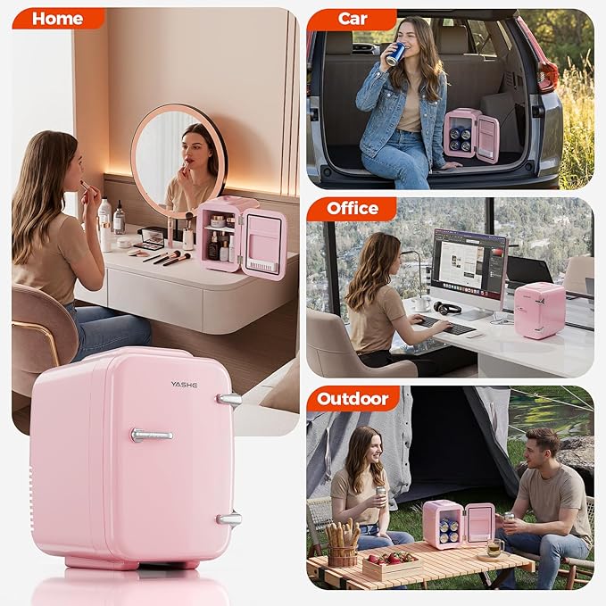 YASHE Mini Fridge, 4 Liter/6 Can Mini Makeup Fridge, 110V AC/ 12V DC Portable Thermoelectric Cooler&Warmer for Skincare, Drink, Cosmetic, Medicine, Small fridge for Bedroom, Office, Dorm, Car, Pink