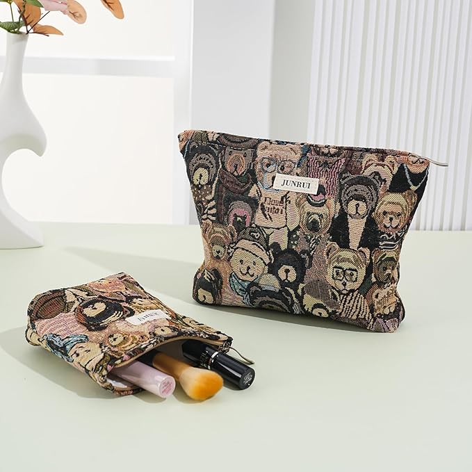 BOCGRPU 2PCS Makeup Bag Small Cute Cosmetic Bags for Women，Bear Pattern Travel Toiletry Bag for Purse, Large Canvas Cosmetic Pouch Makeup Organizer Tool Pouch with Zipper（Bear Brown）