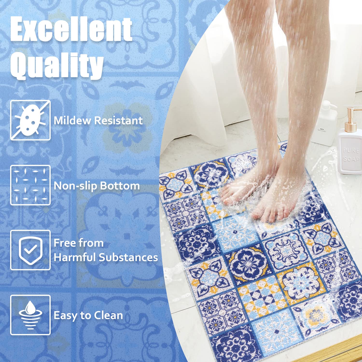 Shower Mat Non-Slip - 24x16 Inch, Soft Comfort Bath Mat with Drainage Holes, PVC Loofah Massage Bathmat for Shower,Tub,Bathroom,Wet Areas, Quick Drying