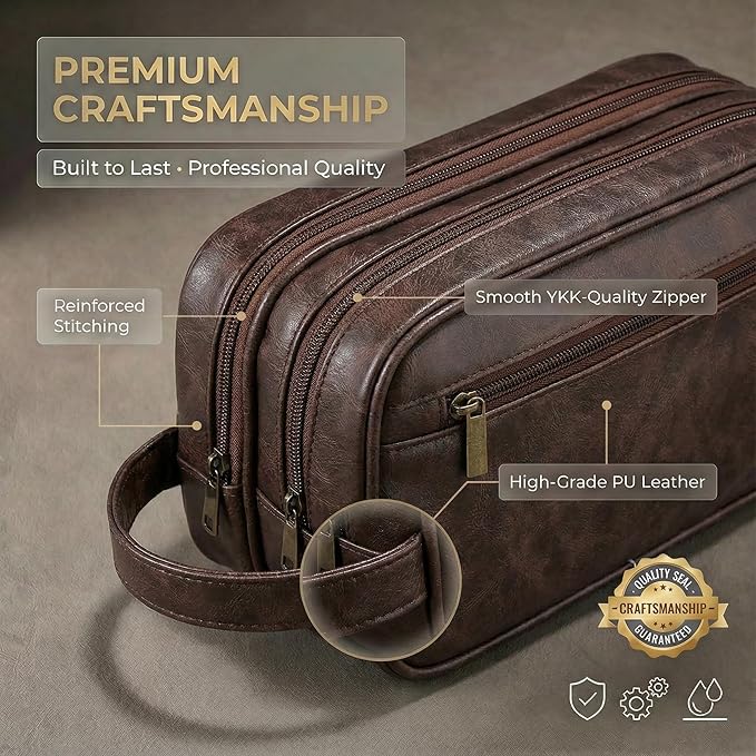 Men’s Toiletry Bag Travel Dopp Kit–double-deck Leather Water-Resistant Shaving Organizer Large Capacity, Double Compartments & Inner Pockets for Grooming, Bathroom & Gym Trip Toiletry Case(Coffee)