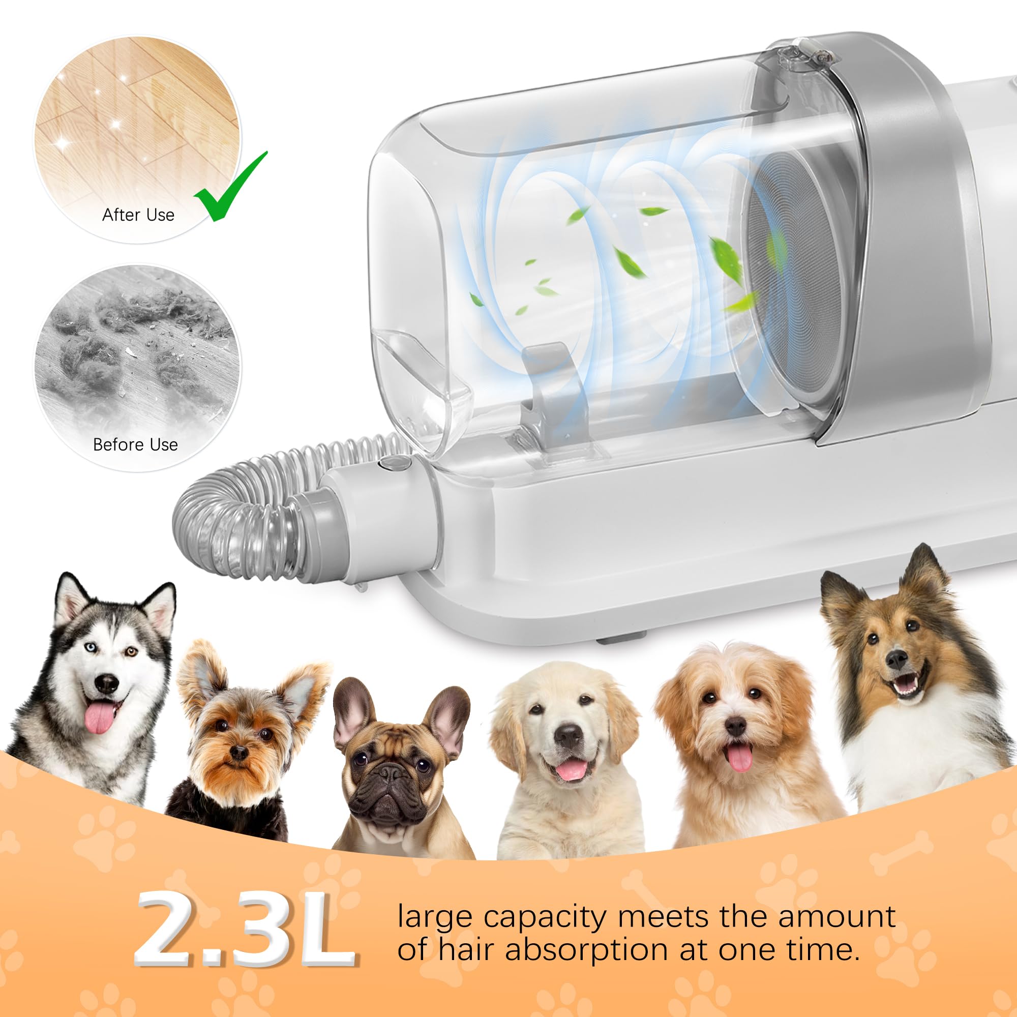 LMVVC Dog Grooming Vacuum, Pet Grooming Vacuum Kit 2.3L Suction 99% Pet Hair with 5 Tools for Dog Cat for Shedding Grooming, Low Noise (Grey & White)