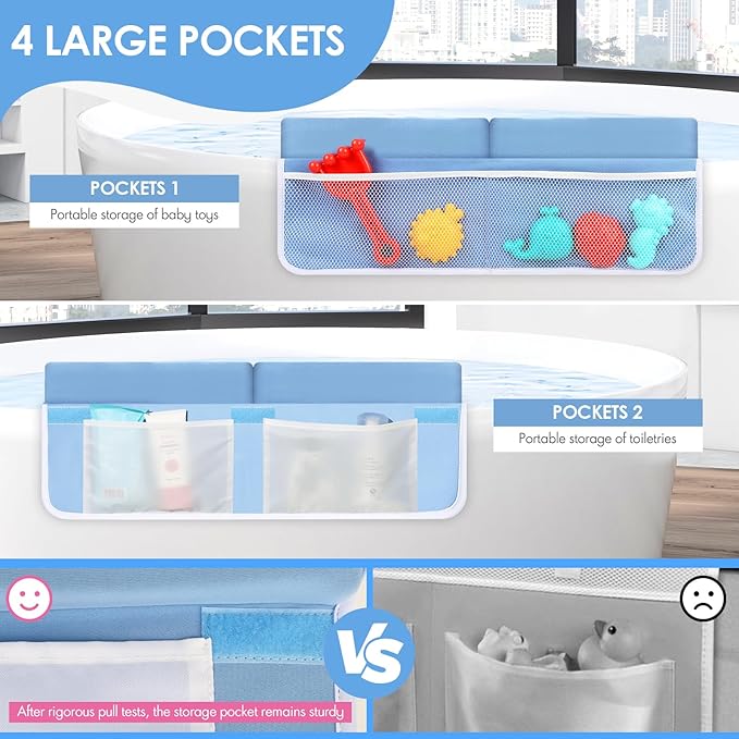 Bath Kneeler and Elbow Rest Pad Set - 2-Inch Thick Comfortable Baby Bath Kneeler Pads, Quick-Dry Non-Slip Bathtub Mat with Toy Organizer for Knee & Arm Support for Baby Bath Time