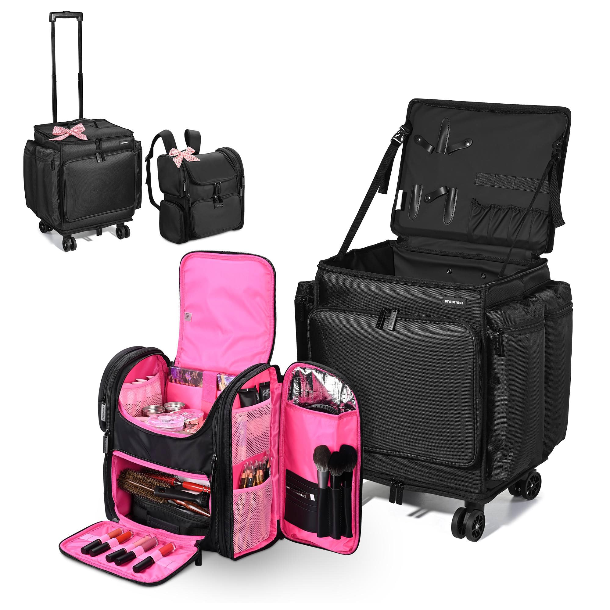 BYOOTIQUE Soft Sided Rolling Makeup Train Case Travel Backpack Hairstylist