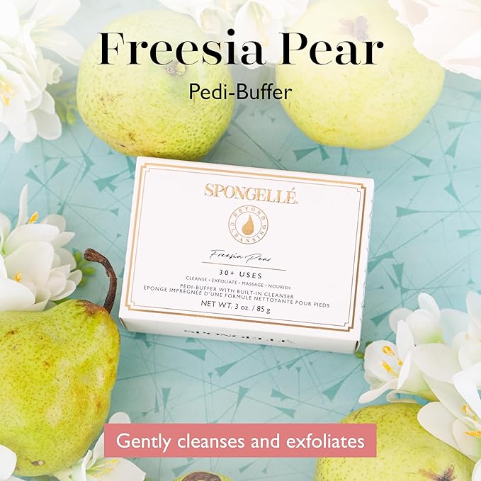 Spongellé Freesia Pear Pedi Buffer Bath Sponge | Exfoliating Foot & Heel Scrub | Cleanse, Exfoliate, and Nourish in One Easy Step | Cruelty-Free, Vegan, Dermatologist-Tested, Made in USA | 30+ uses