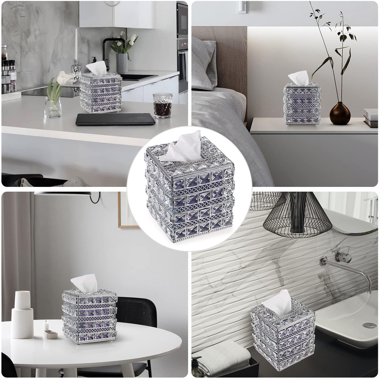 Sumnacon Crystal Square Tissue Box Cover - Sparkling Cube Glass Tissue Box Holder, Decorative Facial Tissue Holder for Bedroom Bathroom Dresser Night Stand Table Countertop Home Decor, Silver