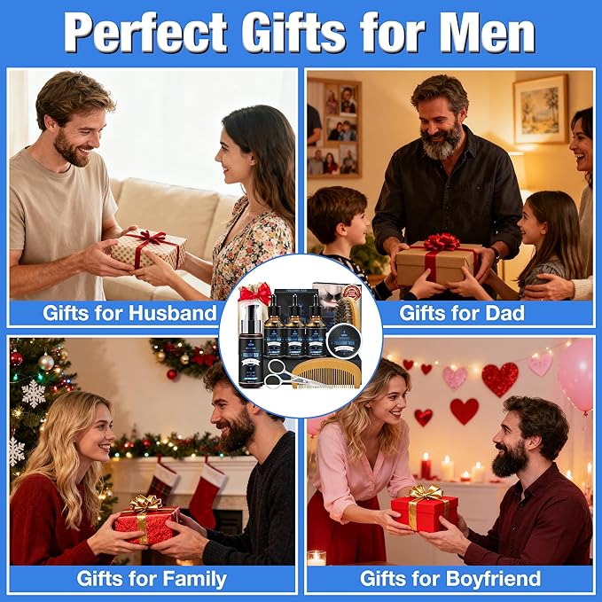 Dad Gifts for Fathers Day,Beard Kit Includes 3-Scent Beard Oil,Vanilla Beard Shampoo & Balm, Brush, Comb,Scissors,Beard Care & Grooming Men Christmas Stocking Stuffers Gifts for Men Him Dad Boyfriend