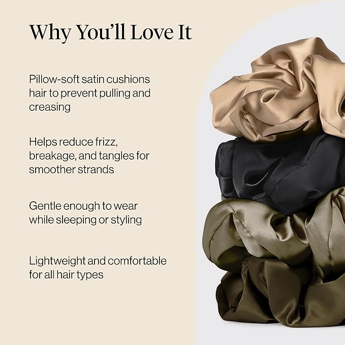 Kitsch Pillow Satin Scrunchies for Women - Hair Ties No Damage, No Crease Hair Accessories | Perfect for Day or Night - Black, 4pcs
