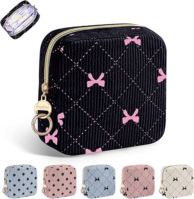 Period Bag for Teen Girls, Corduroy Sanitary Napkin Storage Bag, Cute Menstrual Pad Bag Tampon Holder for Purse (Black-Bow Tie)