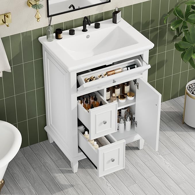 Harper & Bright Designs 24" Bathroom Vanity with Sink, Free Standing Single Basin Vanity Set with Tip-Out Drawer, 2 Drawers, and One Door, Wood Bathroom Cabinet with Ceramic Basin for Bathroom, White