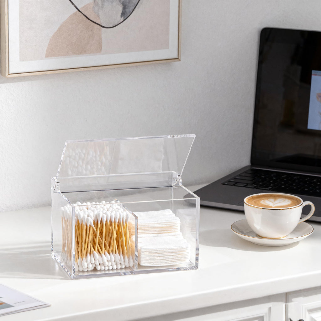 Dealpoli Clear Acrylic Cotton Swab Ball Holder Qtip Organizer with Lid 2-Grid Canister for Make Up Pads, Floss Picks, Vanity Storage,Bath Salts, Cosmetics, Home Bathroom Decor (DP004)