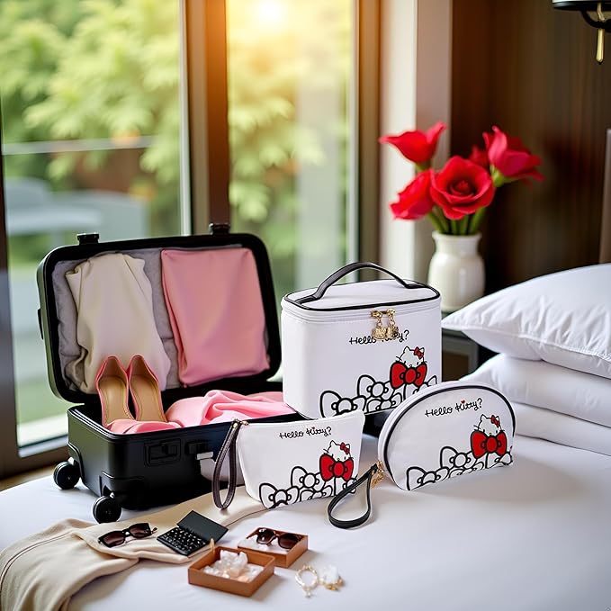 Vimanllie Travel Makeup Bag Large Cosmetic Bags with Brush Holder,White Waterproof 3PCS Portable Cosmetic Case for Women,Toiletry Bag for Skincare&Beauty Tools for Her