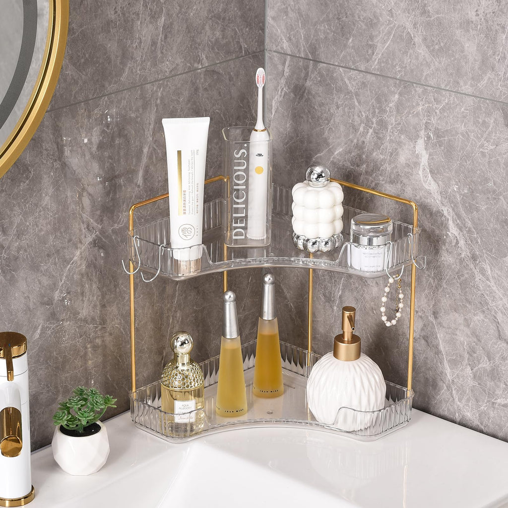 2-Tier Corner Bathroom Organizer Countertop with Hooks, for Makeup, Perfume