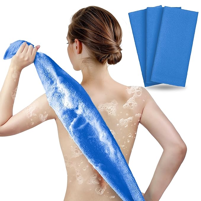 ARCH&M Japanese-Style Exfoliating Shower Towel, Navy-Blue, 3 Pack