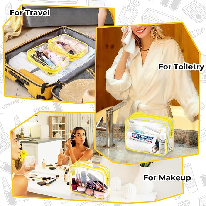 CHICAUP 6 Pieces Clear Makeup Bags Bulk TSA Approved Toiletry Bag for Travel PVC Waterproof Clear Cosmetic Pouch with Zipper for Men and Women Carry-on Travel Essentials (Yellow)