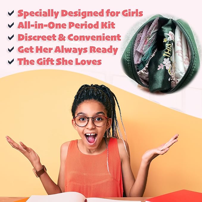 Essential Period Kit for Girls | First Period kit for Girls 10-12 | Period Bags for Teen Girls for School | First Period Gift with Sanitary Pad Storage Bag, Wipes, Period Tracker and More(Green)
