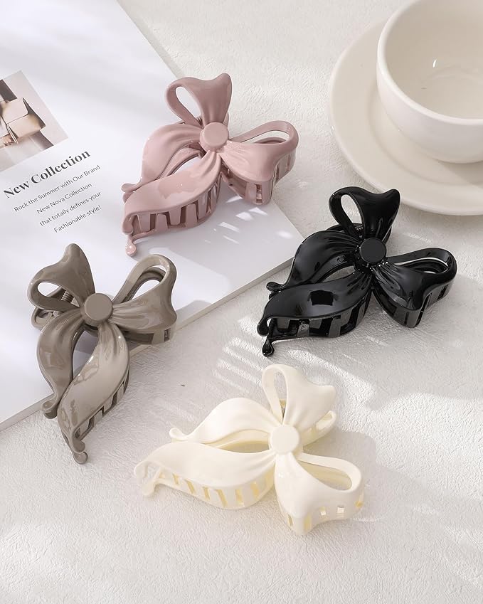 4 PCS Bow Hair Clips Bow Claw Clip for Women, Large Hair Claw Clips for Thin Thick Long Hair Cute Nonslip Bows(White+Black+Grey+Naked Pink)