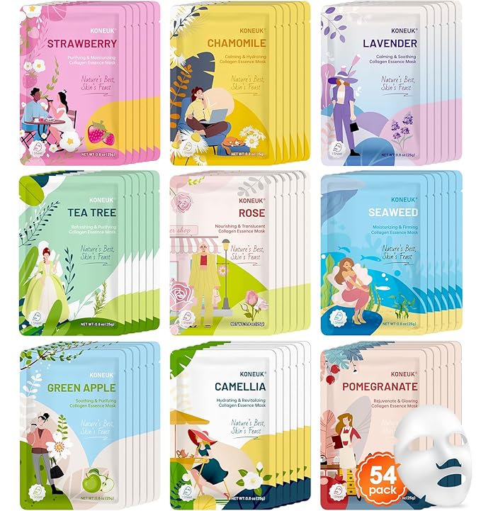 54 Pack Bulk Sheet Face Masks Skincare, Hydrating and Moisturizing Face Mask for All Skin Types, Collagen Facial Masks for Skin Care, Easter Basket Stuffers, Mothers Day Gifts (9 Types x 6 Pcs)