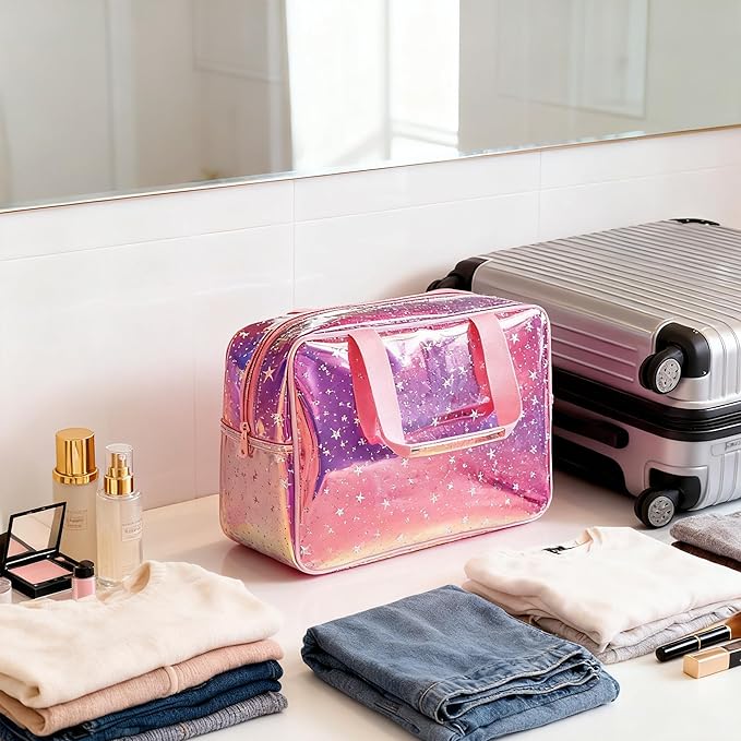 TotePrint TPU Holographic Pink Star Large Cosmetic Bag 12x5x8 inch Travel Pouch with Handle,Durable Material,Zipper Design-Ideal for Makeup,Travel Essentials (9593-8)