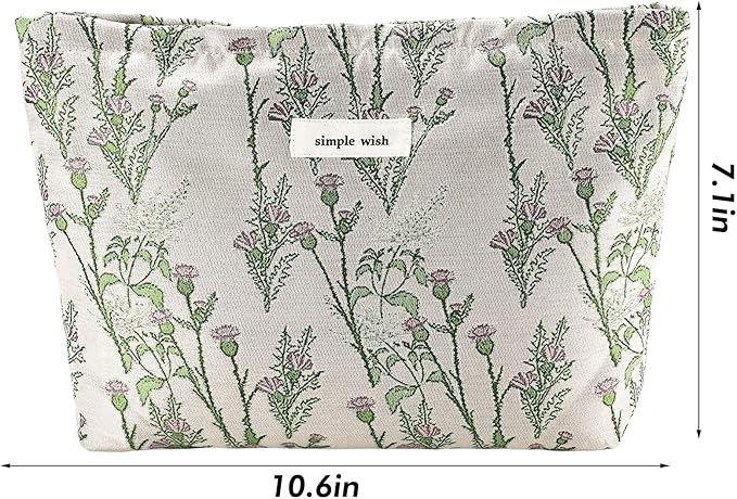URSKYTOUS Flower Makeup Bag Travel Large Cosmetic Bag for Women Cute Leaf Makeup Pouch Zipper Cosmetic Pouch for Purse Aesthetic Green Floral Skincare Organizer Portable Toiletry Bag