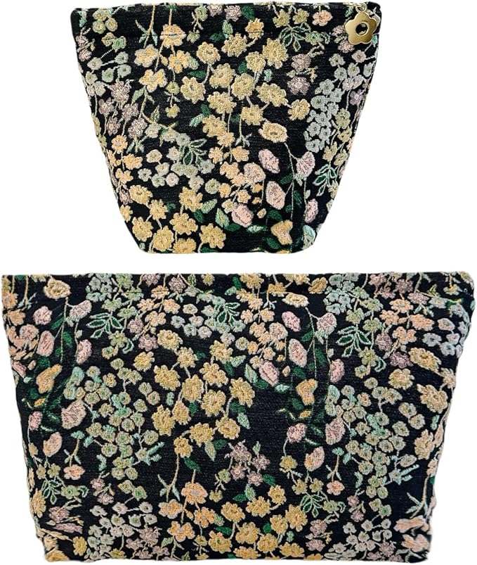 RIKMOXR 2 Pcs Makeup Bags, Large Cosmetic Bag Travel Toiletry Bag Organizer for Women, Embroidery Craft, Floral Makeup Bag Small Cosmetic Pouch Purse with Zipper Gifts for Girls Teen
