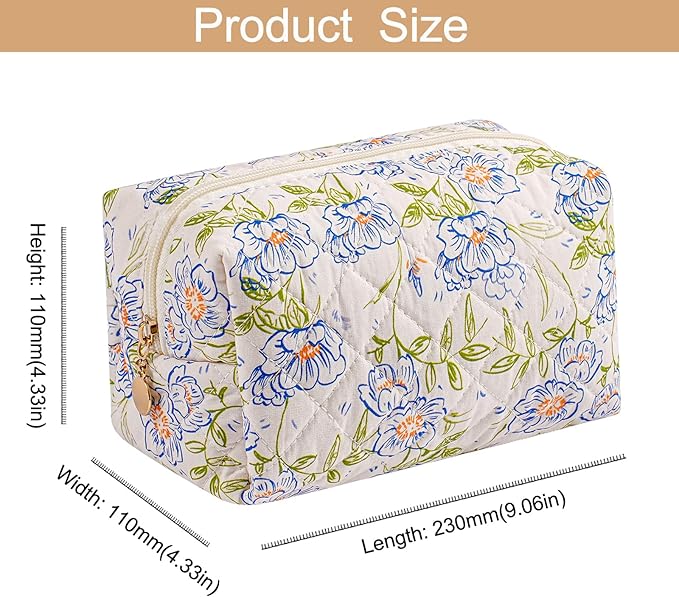 HHQQWZ Makeup Bag Travel Cosmetic Bag for Women Girls, Zipper Make Up Pouch, Floral Flowers Toiletry Organizer Makeup, Portable Storage Bag, Cosmetic Travel Cloth Bag (Pink+Large Blue Flowers)
