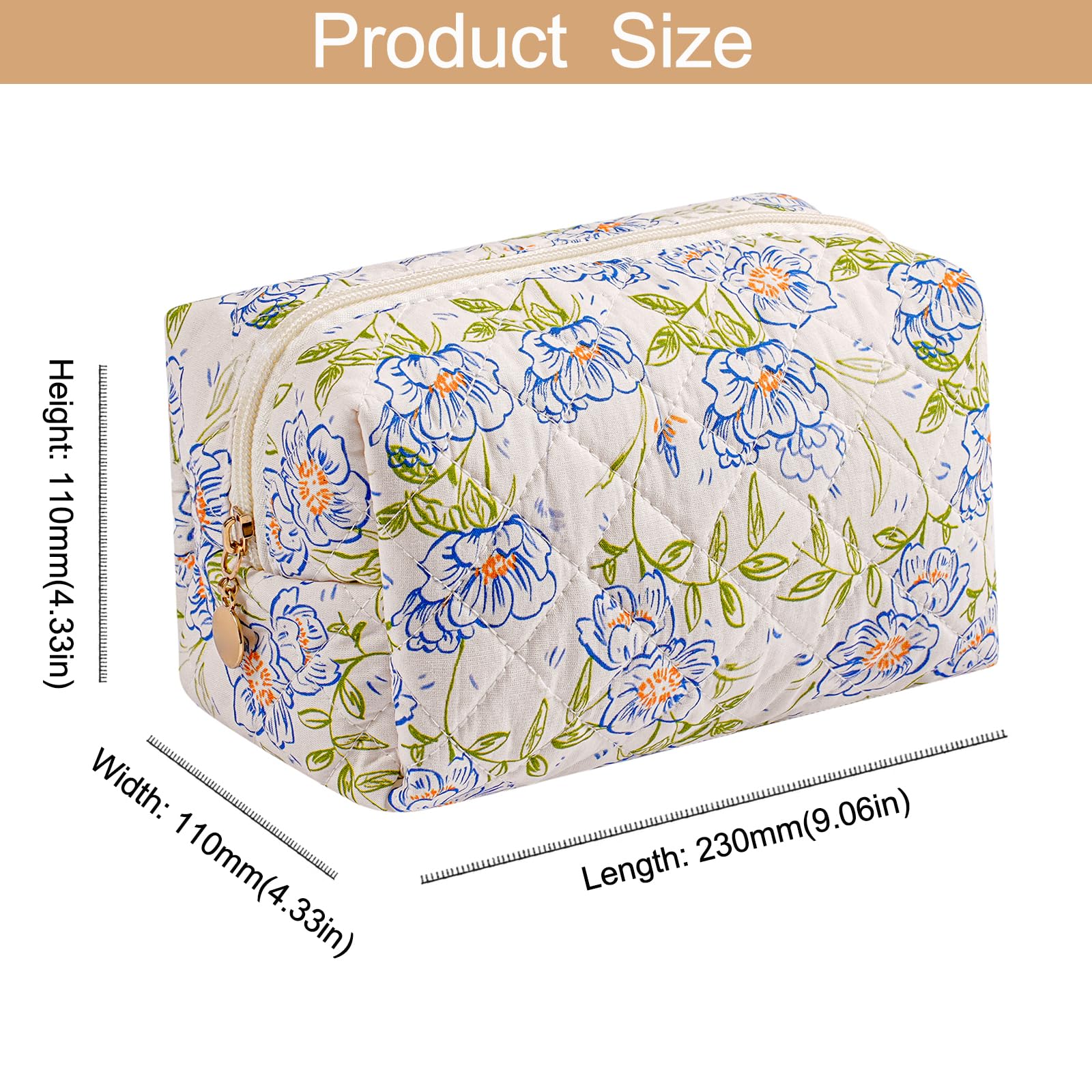 HHQQWZ Makeup Bag Travel Cosmetic Bag for Women Girls, Zipper Make Up Pouch, Floral Flowers Toiletry Organizer Makeup, Portable Storage Cosmetic Travel Cloth Bag (Large Blue Flowers)