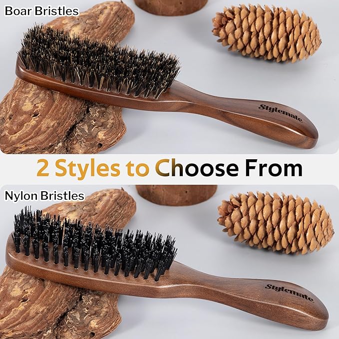 STYLEMATE Hair Brush for Men, Mens Nylon Stiff Bristles Hard Firm Hair Brush for Thick Hair, Slick Back Natural Black Walnut Wooden Handle for Smoothing, Detangling, Styling