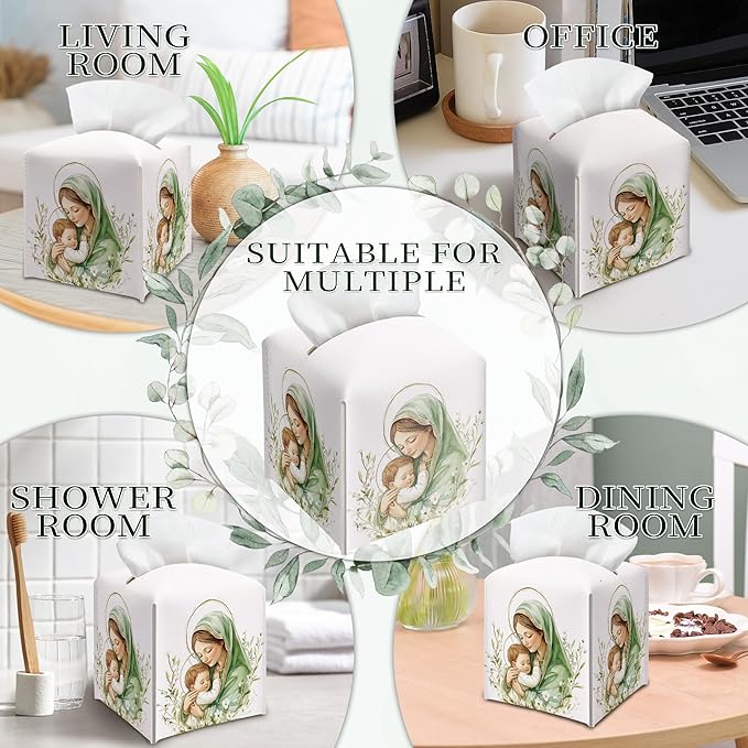 Holy Infant & Virgin Mary Square Tissue Box Cover, PU Leather Drawstring Bottom, for Office, Bathroom, Home Prayer Room, Christian & Catholic Friends, Colleagues, Employees | Decorative Organizer
