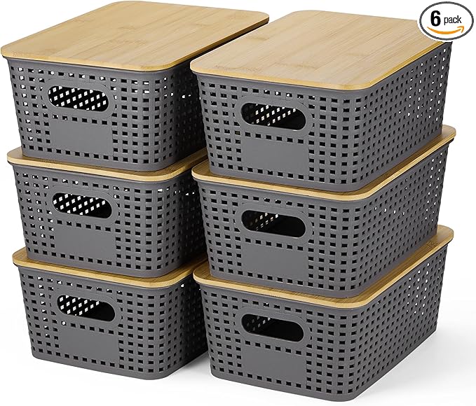Ohmlove Plastic Storage Baskets With Bamboo Lid - Plastic Storage Containers Stackable Storage bins: Storage Baskets for Organizing Shelves Drawers Desktop Closet Playroom Classroom Office