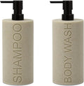 Indecor Home Resin 2 Pack Shampoo, Conditioner or Body Wash Dispenser Set, Luxurious Refillable Pump Bottles with Matte Pump Top and Embossed Text, Durable Design for Bathroom and Shower