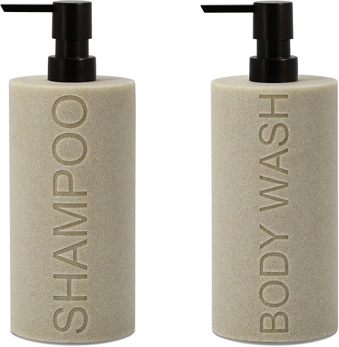 Indecor Home Resin 2 Pack Shampoo, Conditioner or Body Wash Dispenser Set, Luxurious Refillable Pump Bottles with Matte Pump Top and Embossed Text, Durable Design for Bathroom and Shower