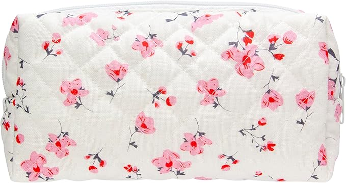 PAZIMIIK Small Quilted Makeup Bag,Zipper Cosmetic Pouch,Myrtle Pink