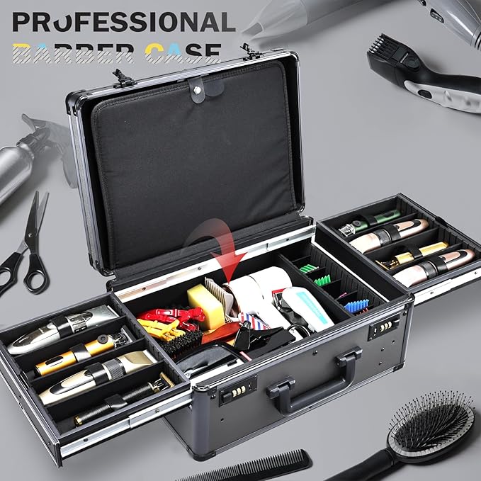 Yueieoun Barber Case with Clippers Sliding Tray, Profesional Barbers Briefcase Tool Case, Travel Barber Cases for Clippers and Supplies, Hair Scissors Trimmer Organizer, Salon Grooming Hard Suitcase