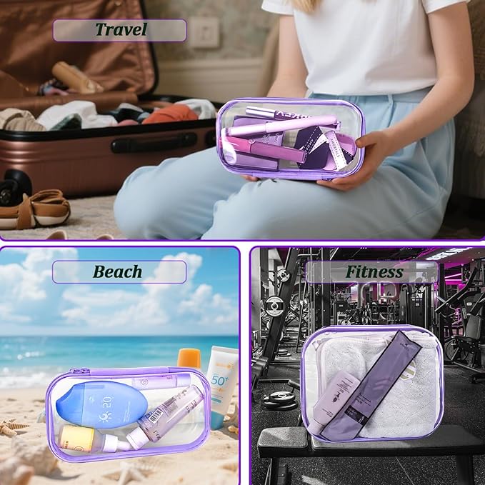 YOQIVEXU 3 Pcs Clear Hard Zipper Case, Hard Shell Plastic Clear Organizer Bag, Transparent Makeup Pouches, Portable Box for Travel Toiletries Storage Bins (Purple)